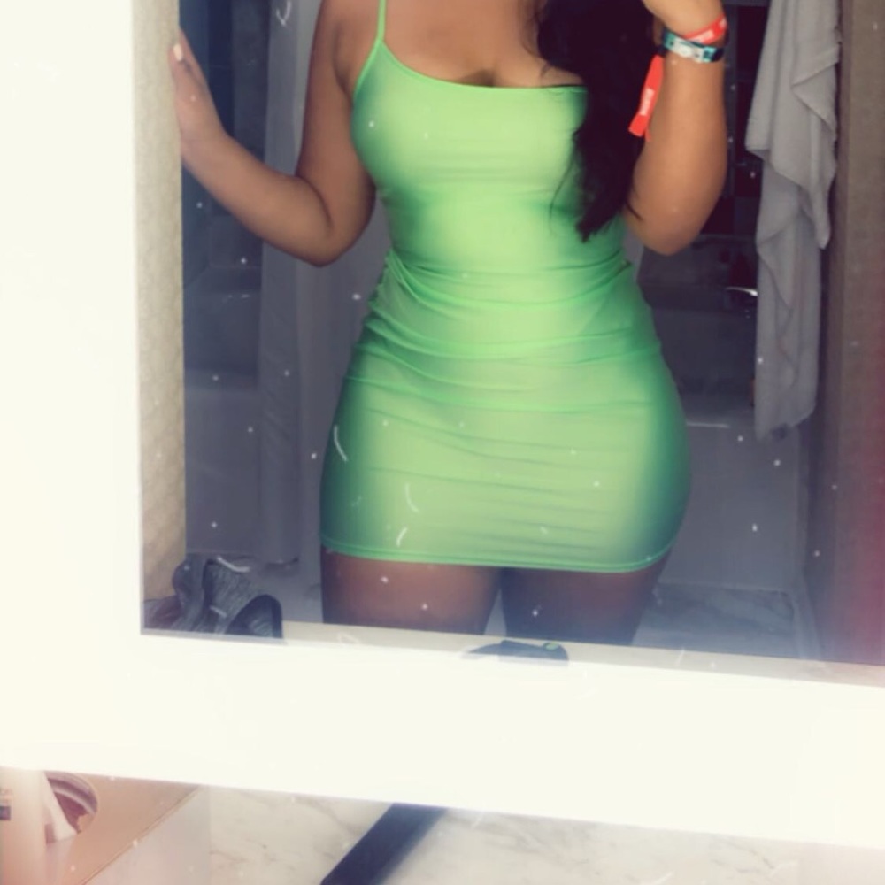 neon green mini dress (one shoulder)
